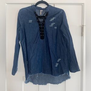 "Denim" Distressed Long Sleeve Top with Black Tie Accents